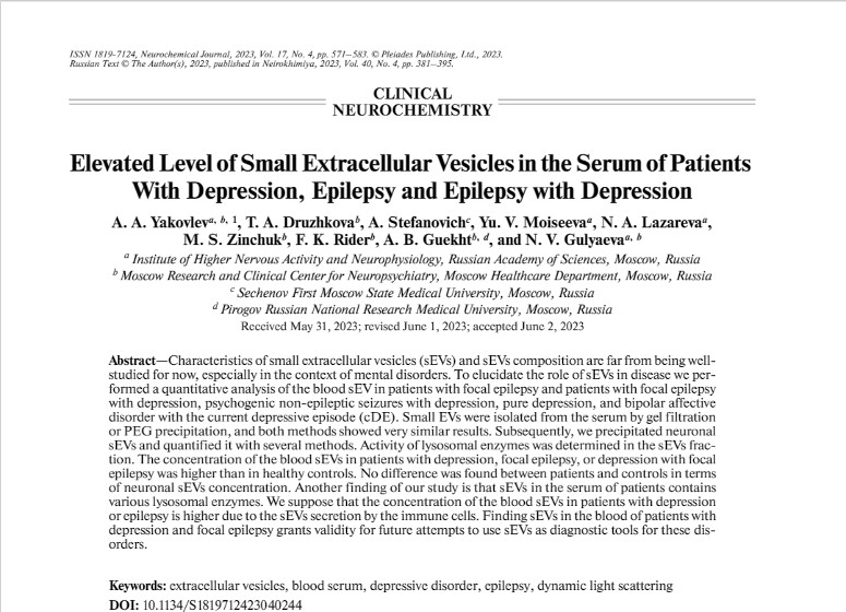 Elevated Level of Small Extracellular Vesicules in the Serum of Patients with Depression, Epilepsy and Epilepsy with Depression